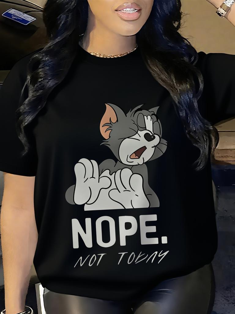 Европейский размер - Женская графическая футболка Tom And Jerry - Повседневная, с круглым вырезом, с короткими рукавами