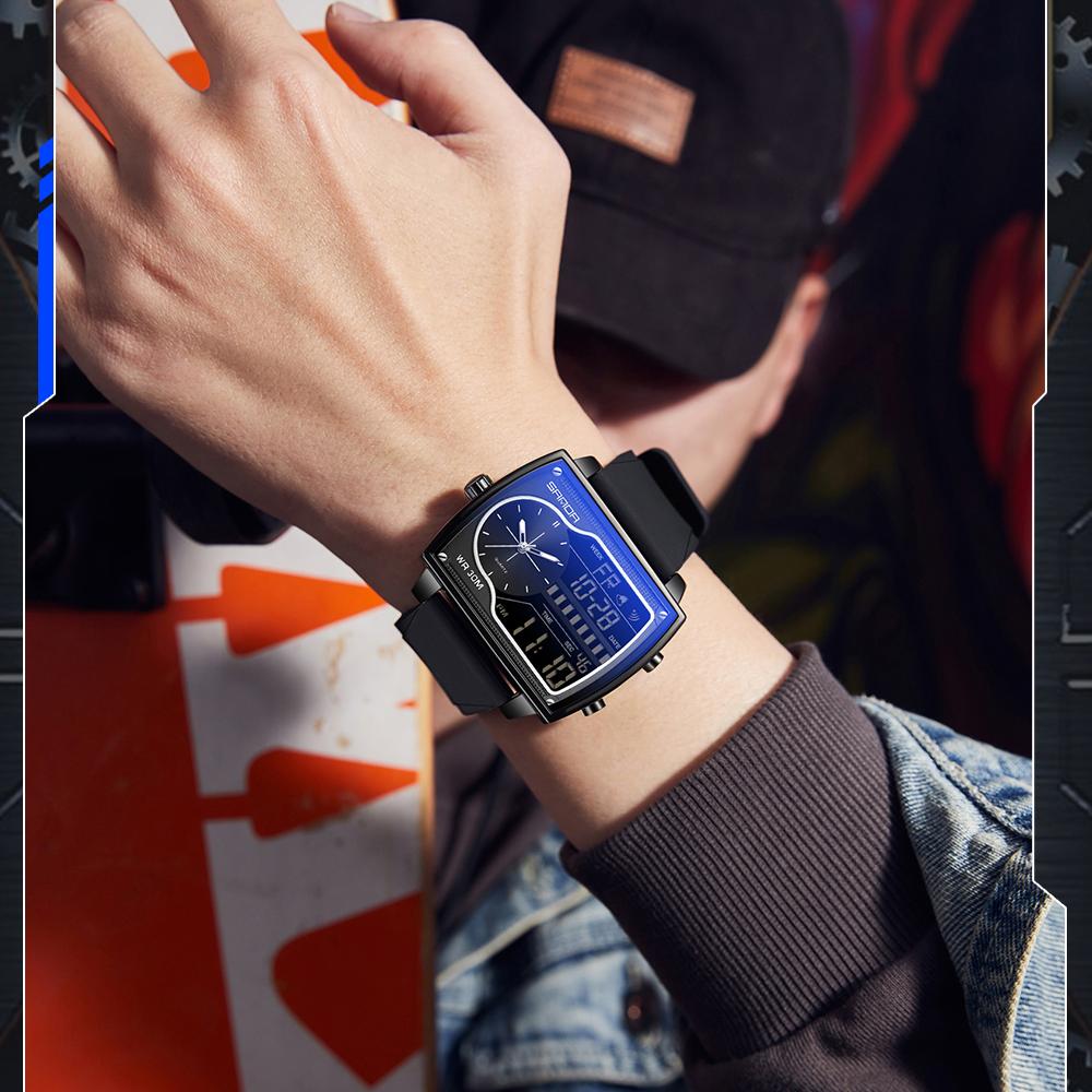 SANDA 6163 Digital Analog Men Watch Square Case Dual Display Steel Leather Silicone Strap Multifunction Sport Business Watch
