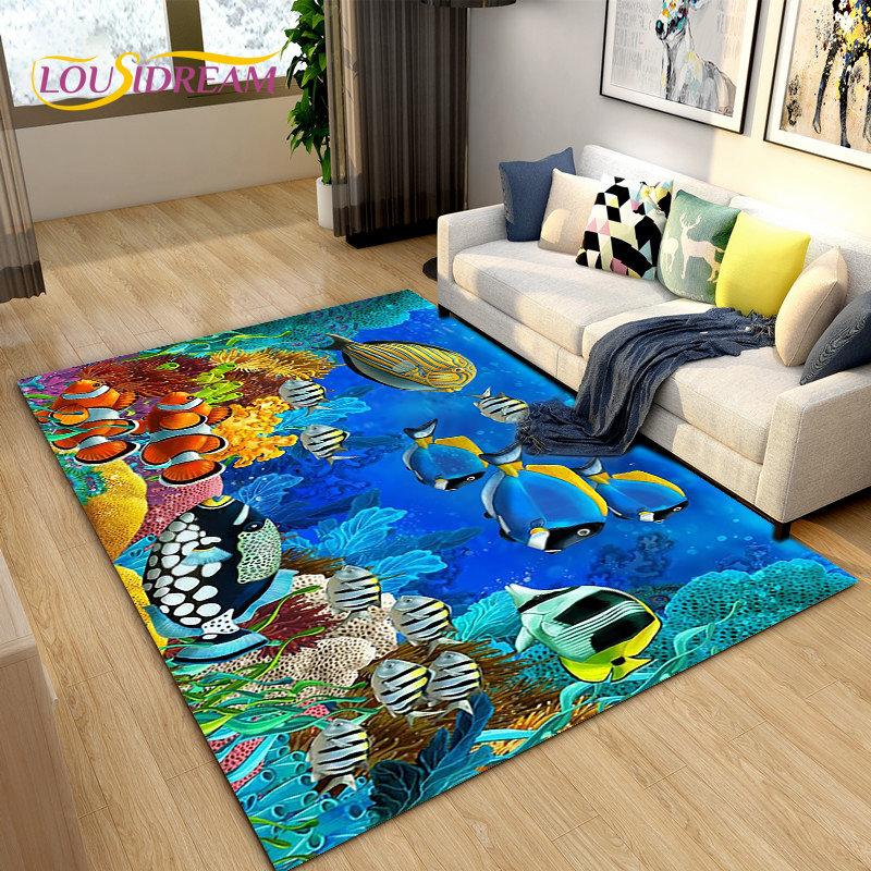 Подводный мир Морское дно Рыба Дельфин Коврик Большой, Коврик для гостиной Спальня Диван Коврик Кухня, Нескользящий напольный коврик