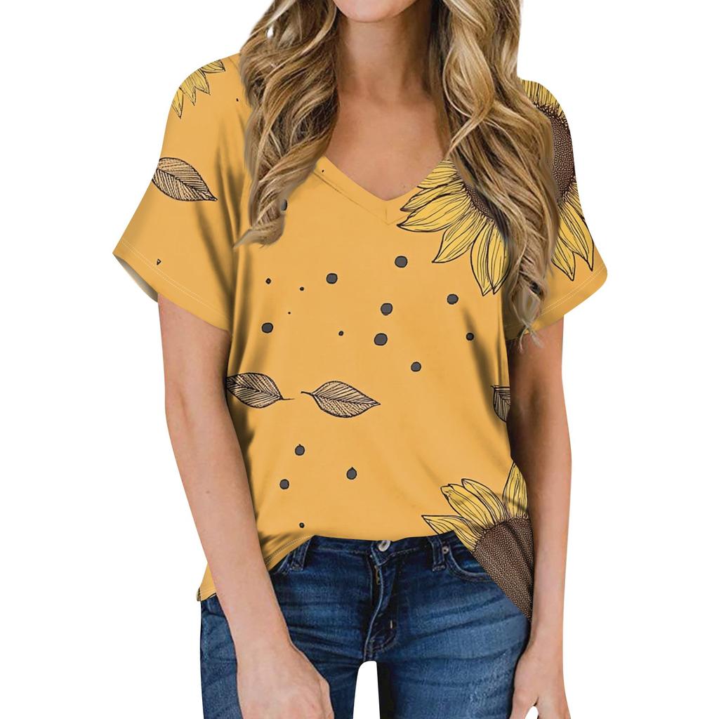 Женская летняя модная повседневная блузка с V-образным вырезом и коротким рукавом с принтом