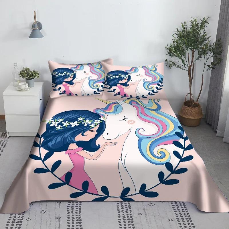 Multi Colored Unicorn Bed Sheet 3D Printed Cartoon Polyester Bed Sheet with Pillowcase, Children's Bedding Gift Set In Full Size