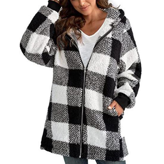 Женское пальто, клетчатая молния с капюшоном, свободные карманы, куртка-кардиган, осень-зима, толстое плюшевое пальто, уличная одежда