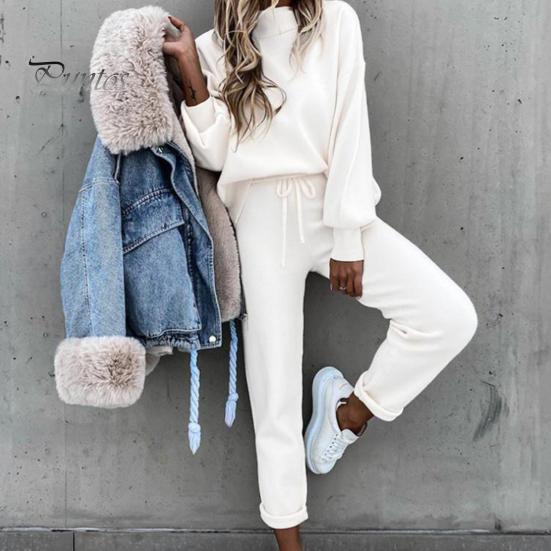 Solid Color 2 Pcs/Set Women Tracksuit Loose Half Turtleneck Casual Elastic Waist Keep Warm Drawstring Sportwear Sweatshirt Sweatpants Suit