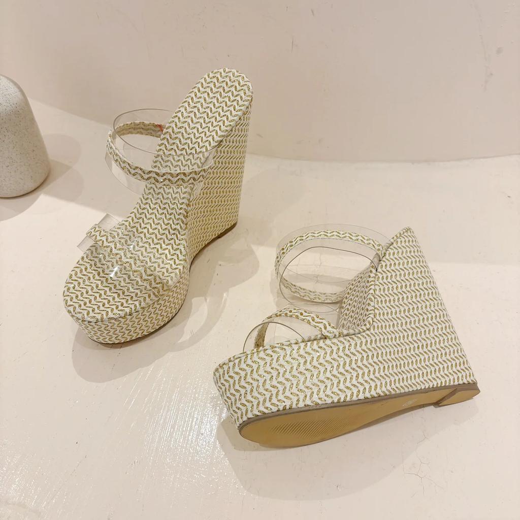 Fashion Sexy Peep Toe PVC Transparent Wedge Hige Heel Slippers for Women 2024 Summer New Bling Solid Platform Sandals Elegant Party Shoe