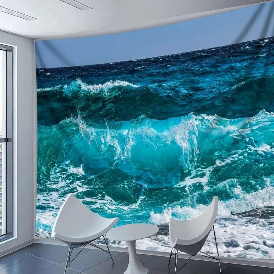 Реалистичный Гобелен с Волнами Океана 3D Печать Пейзажа Синего Моря Настенное Украшение для Гостиной Спальни Домашний Декор Множество Размеров
