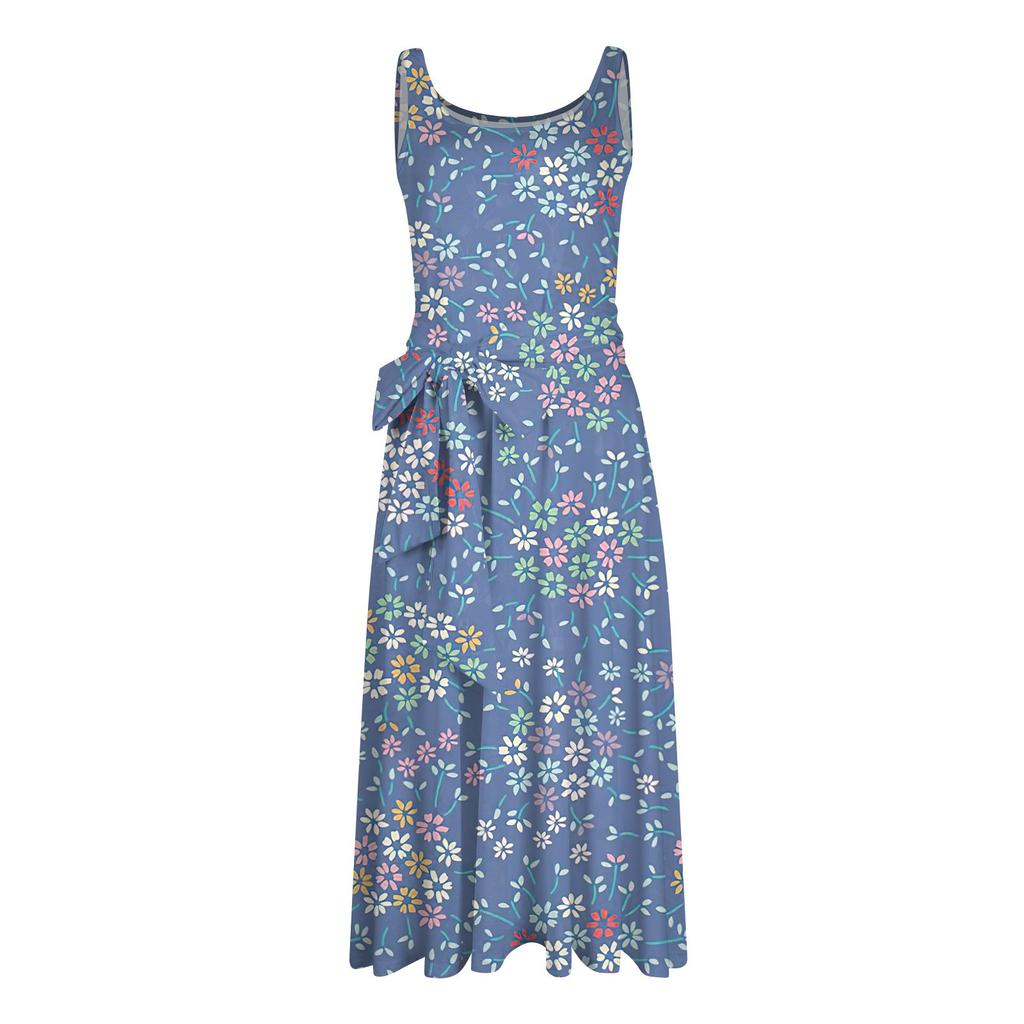 Женское летнее пляжное свободное платье миди трапециевидной формы без рукавов с круглым вырезом и цветочным принтом, платье-жилет с карманом на шнуровке