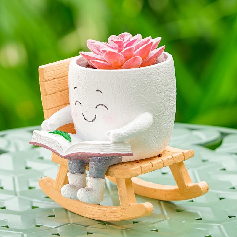 Angel resin rocking chair succulent pot for indoor tables and courtyards, handmade decor and nice gift for plant lovers.