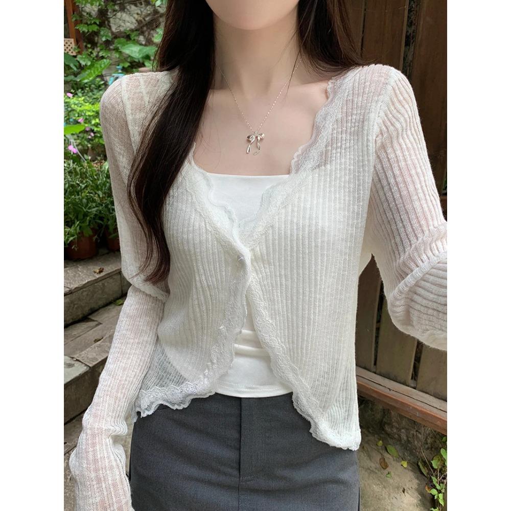 Кружевной топ с длинными рукавами и одной пуговицей, женский кардиган свитер из рубчатого трикотажа с открытой передней частью, летний наряд в стиле фейрикор