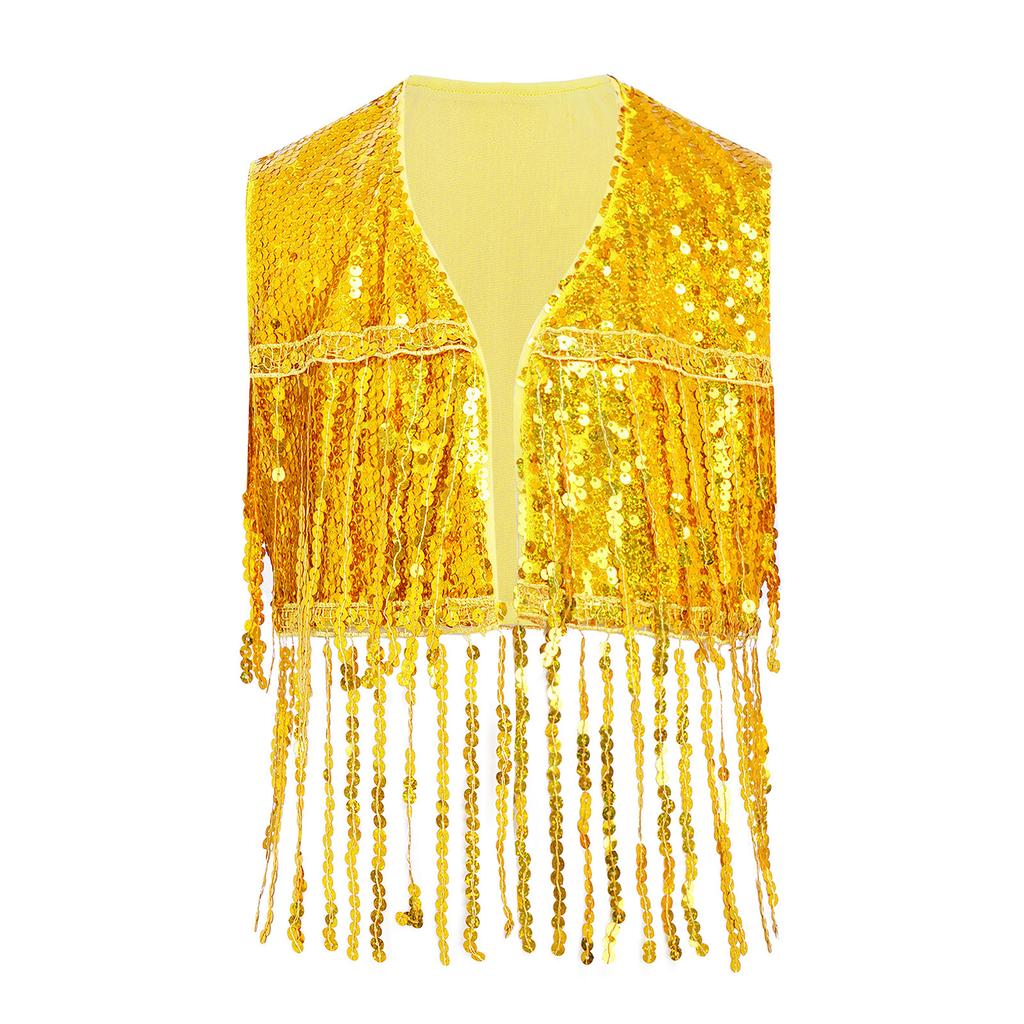 Sparkly Sequin Fringe Vest for Girls: Sleeveless Open Front Crop Top Waistcoat with Tassels, Perfect for Dance Recital & Show