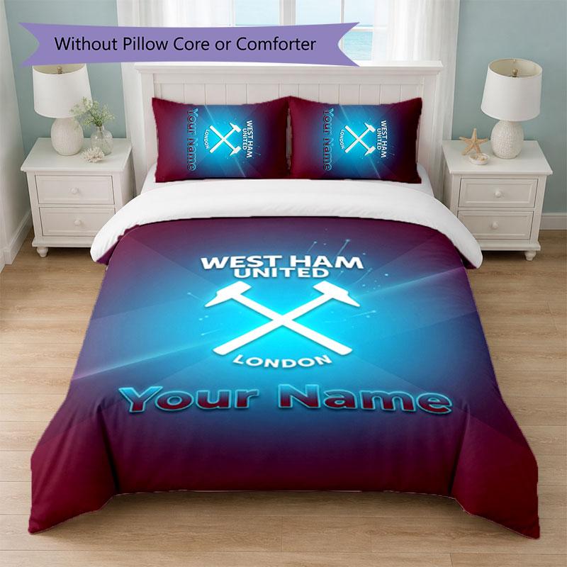 West Ham United FC Custom Name Text Bedding Set 1 Duvet Cover+2 Pillowcases Soccer Logo Personalized Gift For Special Occasion Bedroom Decor