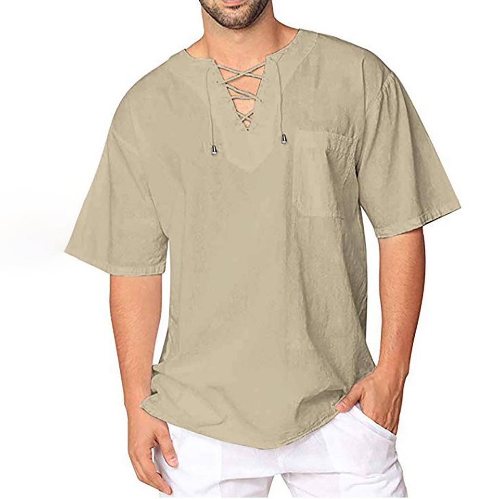 Mens Cotton Linen Shirts Casual Beach Hippie Shirt Short Sleeve V Neck Yoga Tops