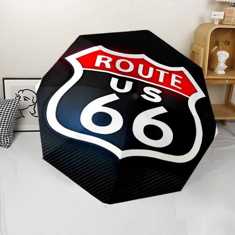 НАС. Автоматический зонт с принтом Route 66, 8 спиц, железный каркас, пластиковая ручка, подходит для путешествий на открытом воздухе и на каждый день, идеальный подарок