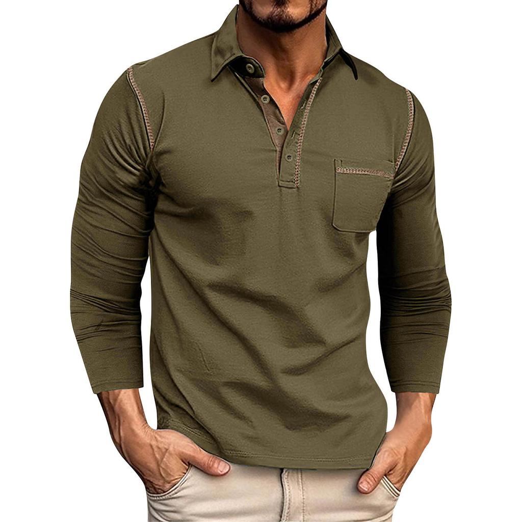 Men's Spring And Autumn Solid Color T-shirt Lapel 3 Button Open Placket Button Long Sleeved Top
