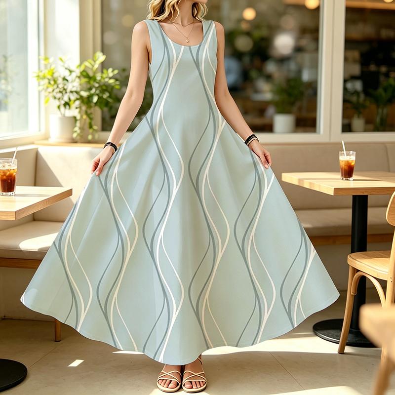 Sleeveless Maxi Dress Beach Vacation Wear,Minimalist Line Design,Lightweight Flowy Fabric,Elegant & Comfortable for Daily Casual Beach Outings