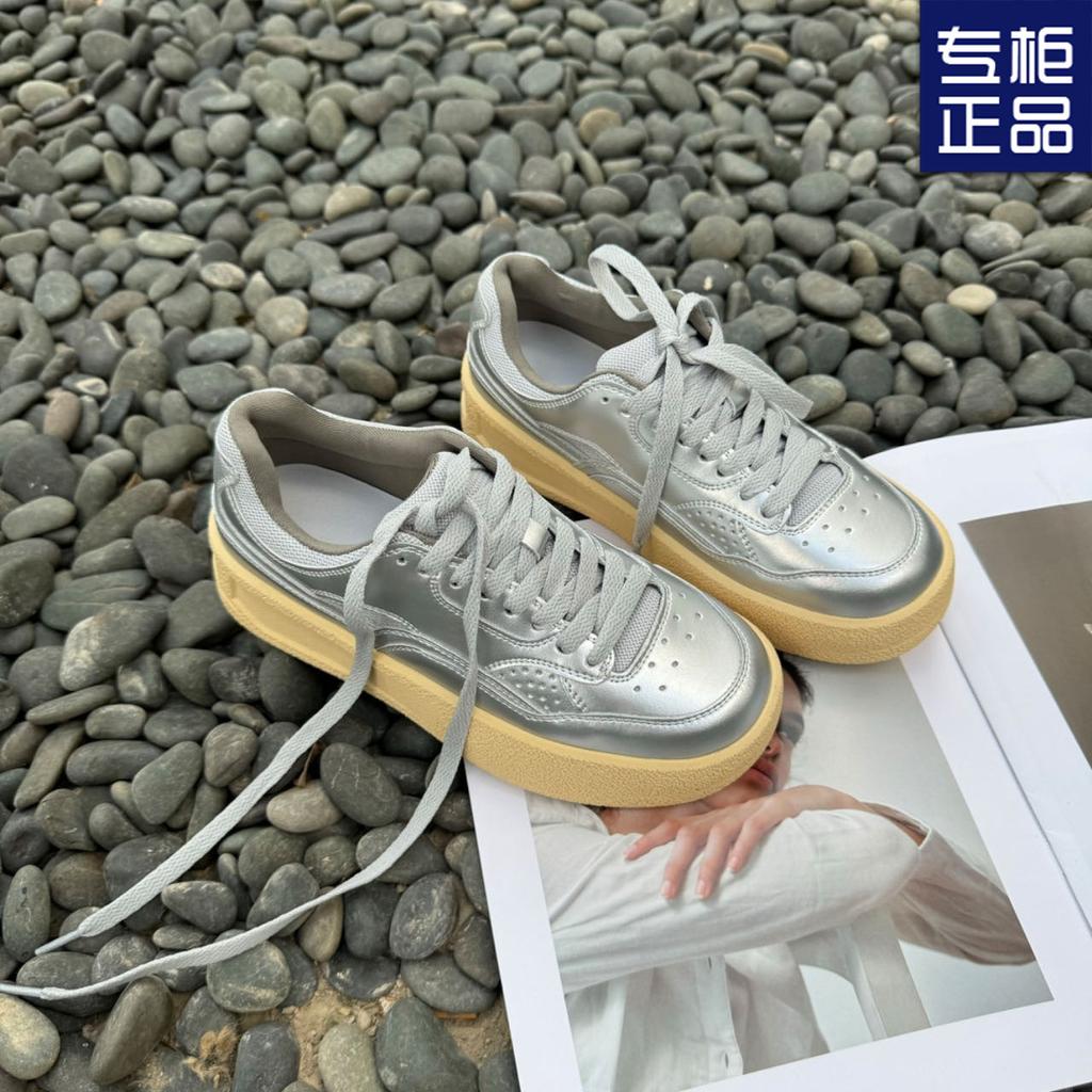 2025 Spring and Autumn New Thick-soled Versatile Silver Little White Shoes Female Students Flat-soled Fashion Height-increasing Sports and Leis