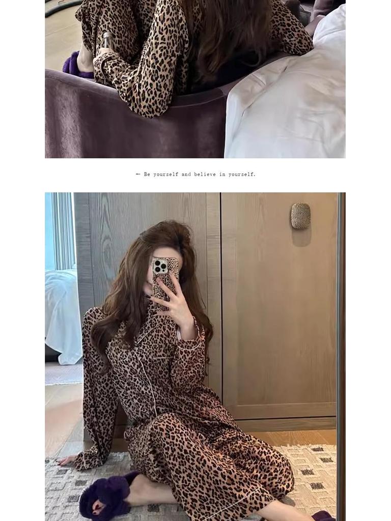 Весна/Лето Женский Пижамный Комплект С Леопардовым Принтом - Тонкий Кардиган и Сексуальный Домашний Наряд