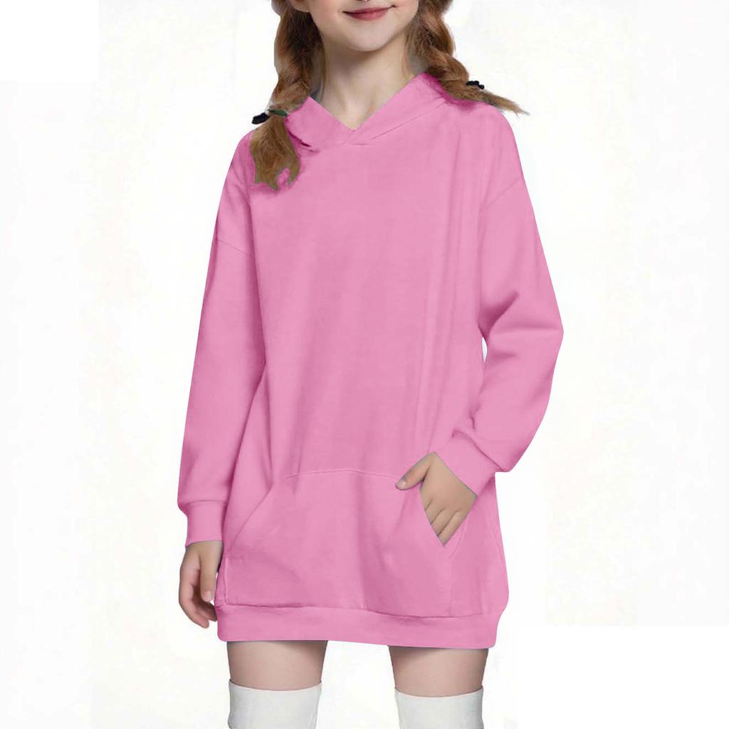 Children's Fashion Solid Color Long Sleeved Hooded Sweatshirt Girls' Mid Length Hoodie Top