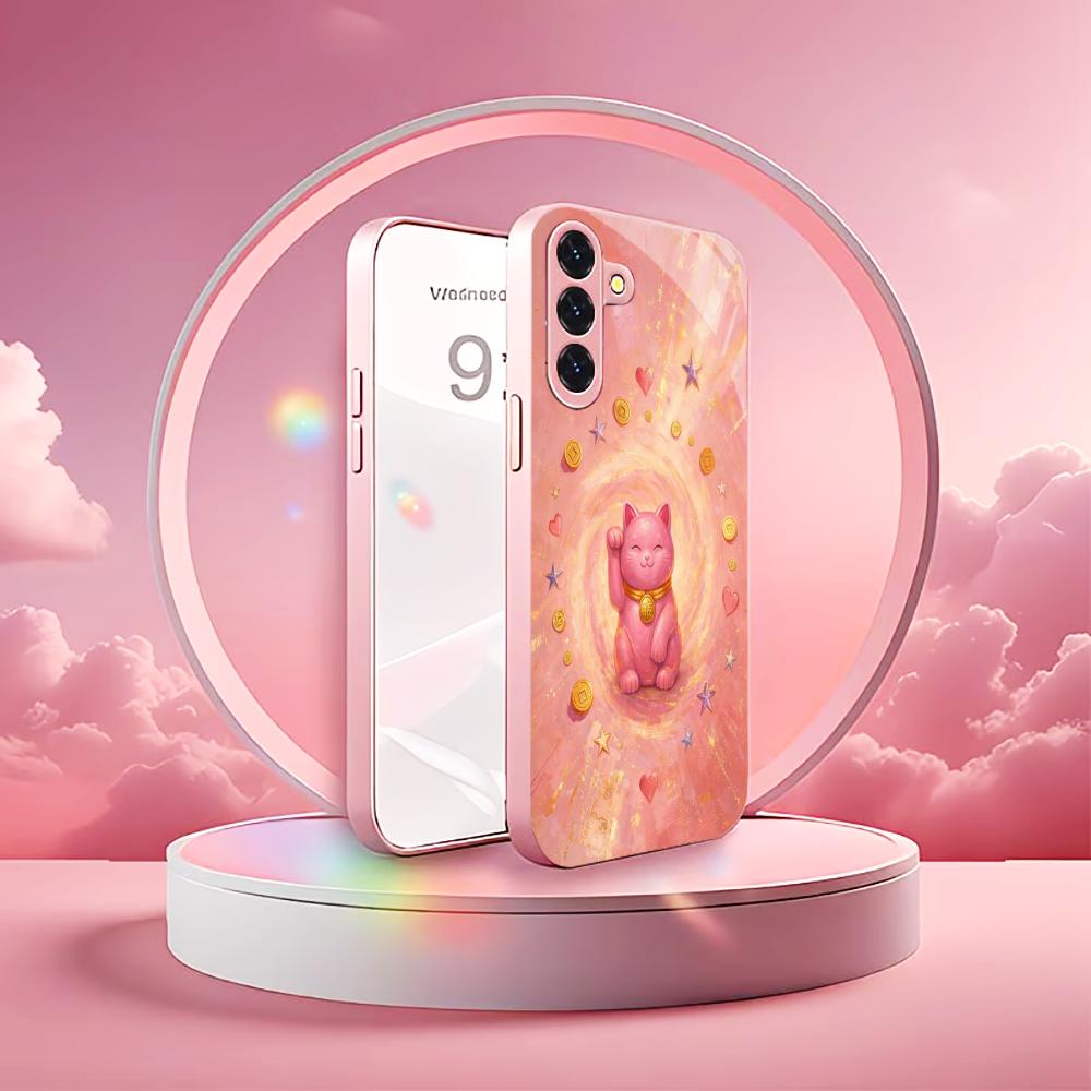 Розовый Чехол-Телефон Кот Удачи для Samsung Galaxy S26 S25 S24 S23 S22 FE Ultra Plus Встроенное стекло Ощущение голой панели Женский стиль