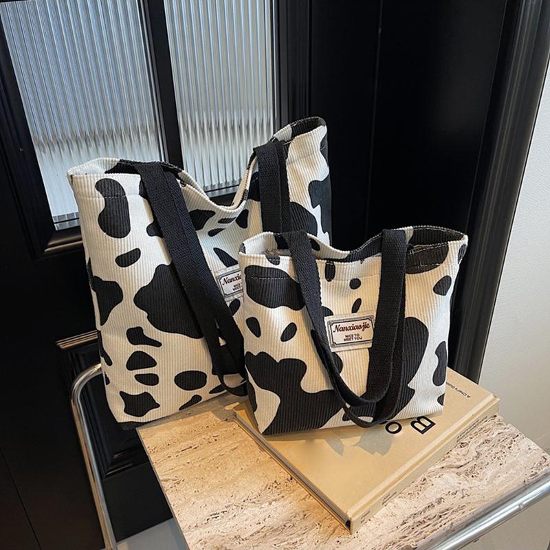 Модная вельветовая сумка-тоут с принтом коровы большой вместимости для женщин, многоразовая милая сумка через плечо для поездок на работу с молнией, складная сумка для покупок AVE