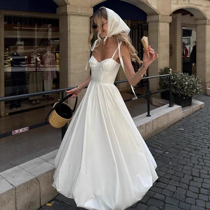 Платье-баллон на бретельках из чистого хлопка Летнее платье-пузырь с поясом в европейском и американском стиле платье из чистого хлопка женское