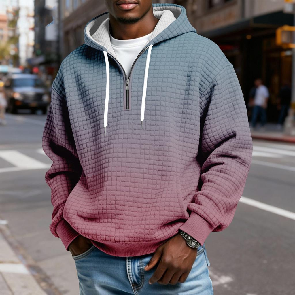 Мужской худи-пуловер в клетку с капюшоном на молнии до середины, со шнурком и принтом, повседневная спортивная толстовка