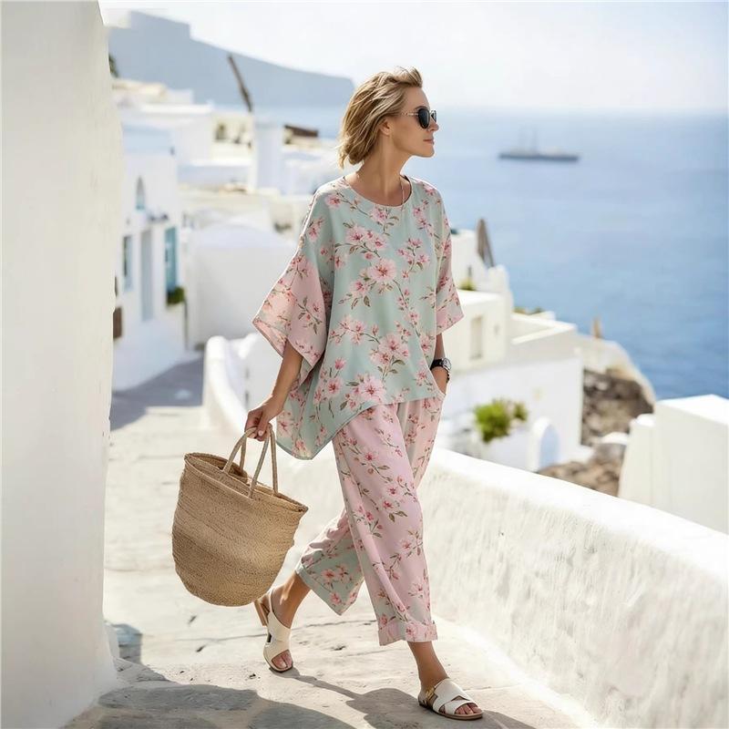 1116 Bohemian retro printing loose two-piece set European and American women's seaside outing casual wide-leg pants set