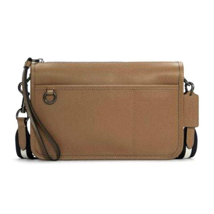 Coach Heritage 25 Two-Way Bag Solid Color Stripe Leather Clutch Shoulder Crossbody Bag Small Men bags Khaki-Brown C1592-QBT03