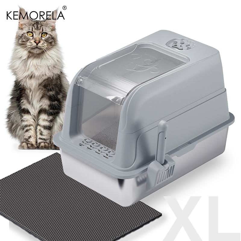 KEMORELA Закрытый лоток для кошек из нержавеющей стали с крышкой и совком, Высокобортный металлический поддон для кошек, предотвращающий протекание, для маленьких и больших кошек