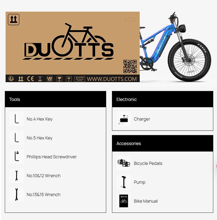 DUOTTS E26 electric bicycle, Samsung 48V 20Ah battery, full suspension system, 26-inch tires, maximum range 60-120 km.