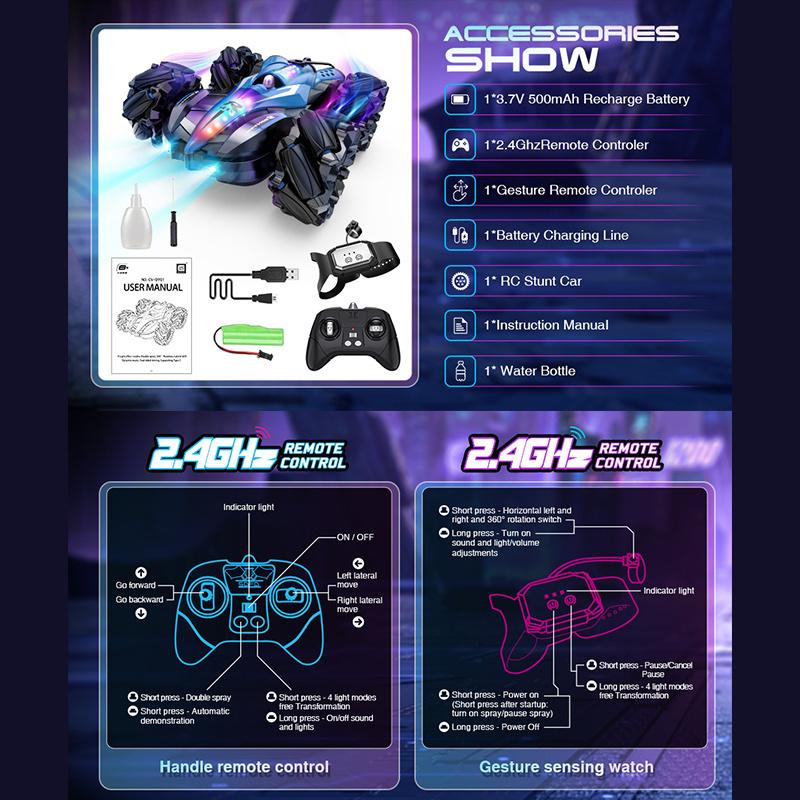 F1 Дрифт-кар с управлением жестами, Трюковая машина с дистанционным управлением 2,4 ГГц, Светодиодная трюковая машина с синхронизацией музыки, Игрушка для детей
