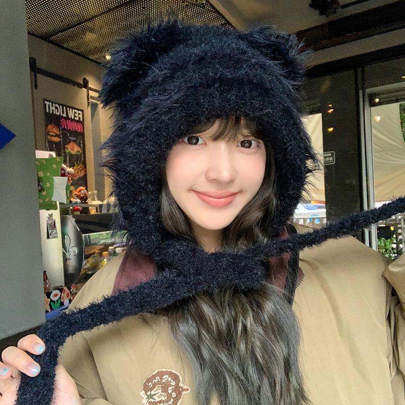 Зимняя мультяшная милая плюшевая шапка с медвежонком корейского выпуска, теплая шапка для девочек с изображением лица, маленькая шапка Баотоу с капюшоном