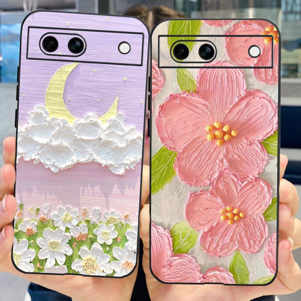 Black Matte Silicone Back Cover For Google Pixel 8A Painting Case Cartoon Lovely Cat Butterfly Flower Bumper Google 8A Soft Etui