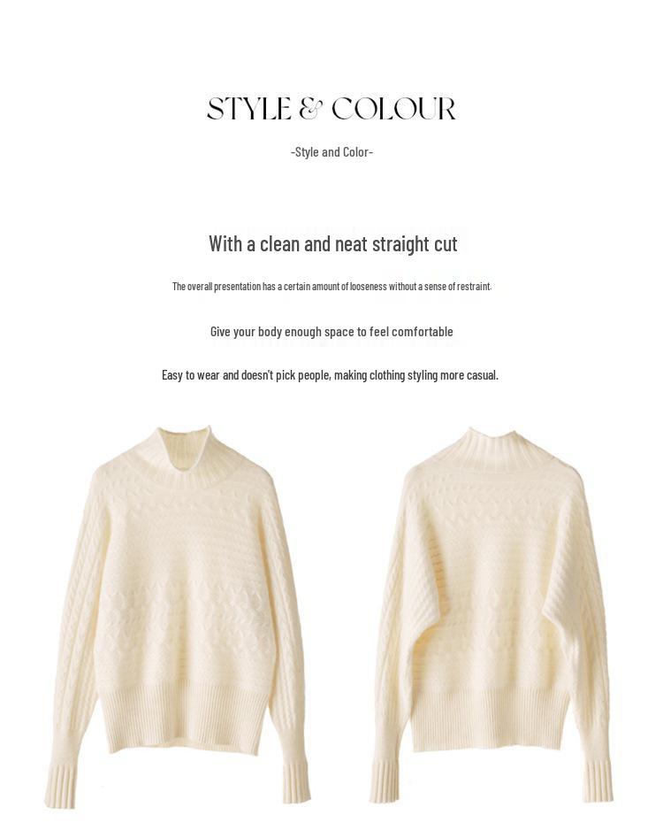 Women's Retro High-Neck Cable Knit Cashmere Sweater, Loose-Fit, Light Color, Pullover Style