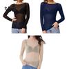 Women Sheer Long Sleeve Blouses Sexy Skinny Tops See-through Black Mesh Pullover O-Neck Lightweight Transparent Punk Club Tee Shirt