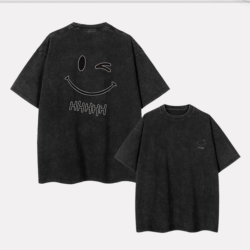 Улыбающееся лицо хахаха простая выстиранная футболка короткий рукав гендерно-нейтральная мужская и женская свободная одежда с принтом
