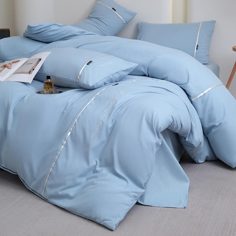 2025 New Solid Color Embroidered Ribbon Double-spell Skin-friendly Washed Cotton 4-piece Set Bed Sheet and Fitted Sheet Style
