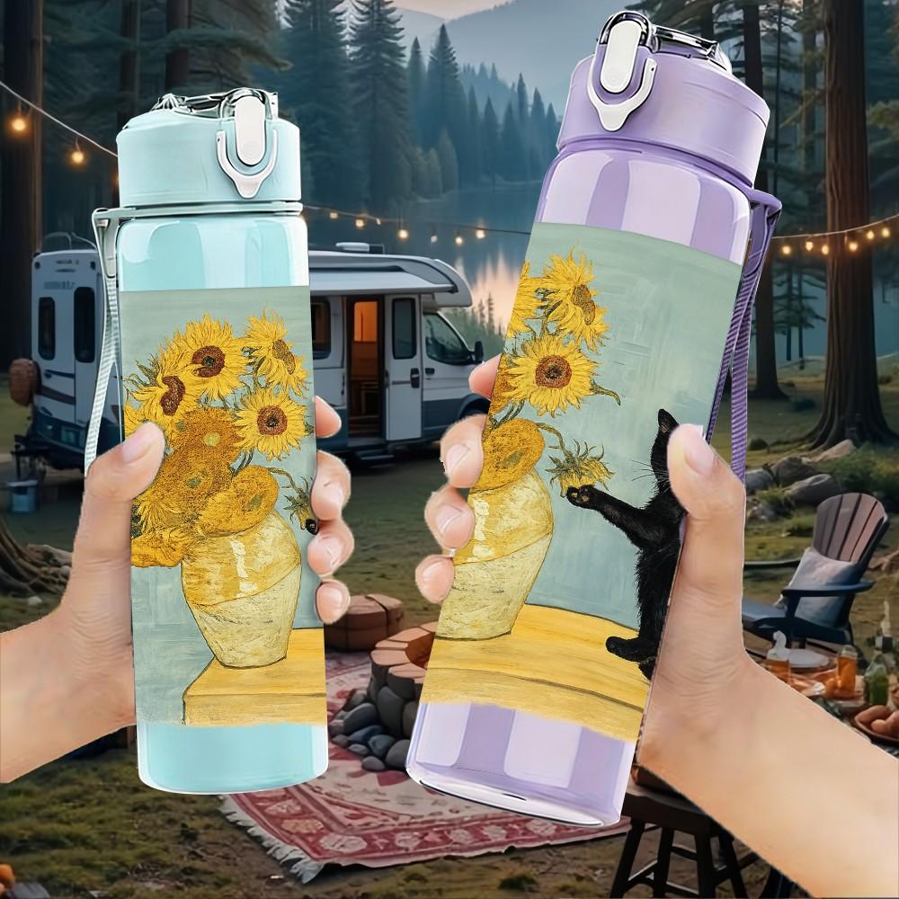 1PC Black Cat Sit Beside Sunflower Print 750ml Color Plastic Sports Water Bottle Leakproof Flip Straw Lid Suitable for Sports Office Home Use
