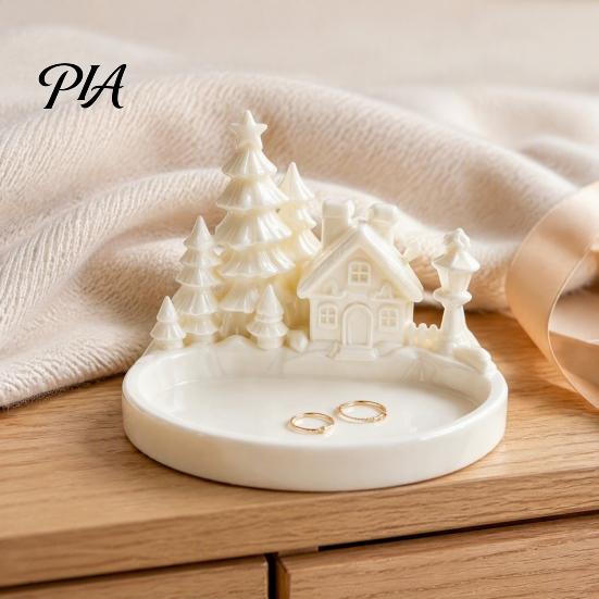 Winter Fairy Tale Desktop Tray Christmas Village Jewelry Tray, 3D Printed Snow House Pine Tree Decorative Dish, Town Atmosphere Decoration Mini