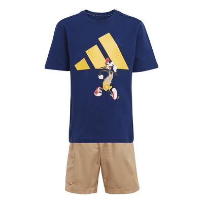 Комплект Adidas Disney Микки Маус для темно-теплого желтого J140 футболка детская, KRG47, верх синий/желтый, низ песочный/желтый (JD4548)