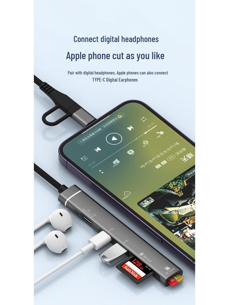 Многофункциональный 5-портовый хаб с кардридером TF/SD и USB/Type-C для устройств Apple и Android