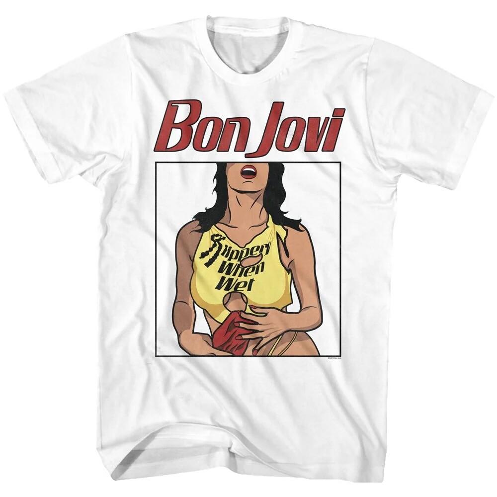 Bon Jovi Adult T-Shirt 80039;s Rock Music Band SLIPPERY WHEN WET White Cotton Unisex T-Shirt