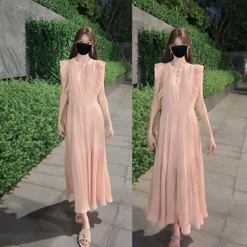 Japanese New Chen Duling Small Fly-Sleeve Floral Pleated Dress for Women, Summer High-Waisted A-Line Casual Long Dress