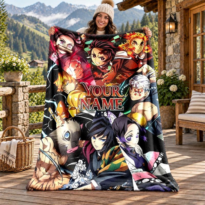 Akaza Demon Slayer Custom Name Flannel Blanket Personalized Soft Warm Plush Throw Blanket Customized Gift for Family Friends