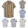 Men's Summer Striped Printed Cotton Linen Beach Short Sleeve Shirt Lapel Casual Shirt