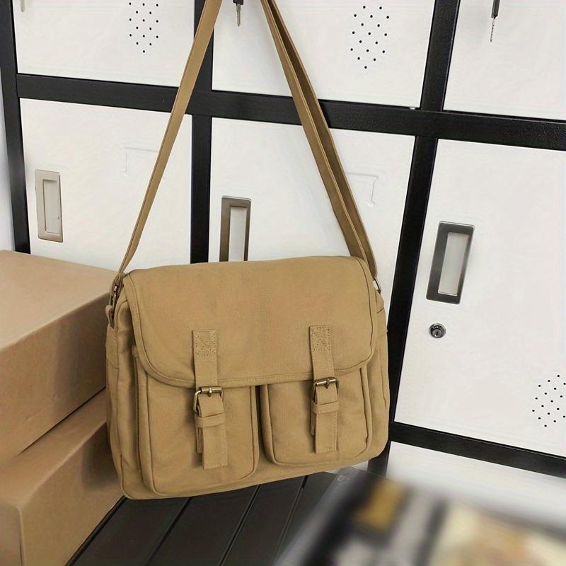 Простая винтажная сумка через плечо, легкая сумка через плечо унисекс с декором с пряжкой, повседневная квадратная холщовая сумка в стиле ретро для школы