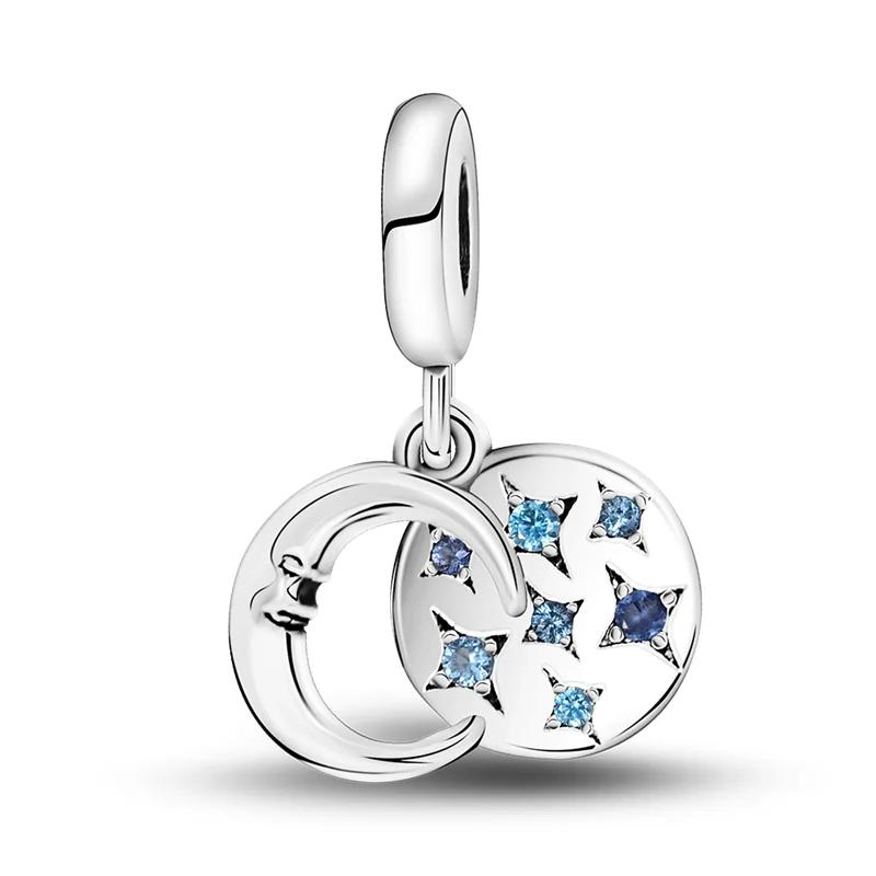 Authentic copper Charm Moon Yellow Stars Blue Zircon Feathers Bead Charms Compatible With Bracelets Women Diy Accessory Valentines Fine Gift