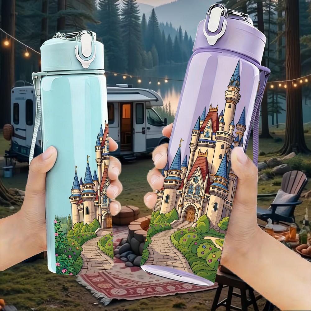 1PC Magic Fantasy Castle Building Print 750ml Color Plastic Sports Water Bottle Leakproof Flip Straw Lid Suitable for Sports Office Home Use
