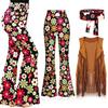 Women Hippie Costume Outfits Retro Flared Pants Tassel Waistcoat Headband Set for Halloween Cosplay Nightclub Dance