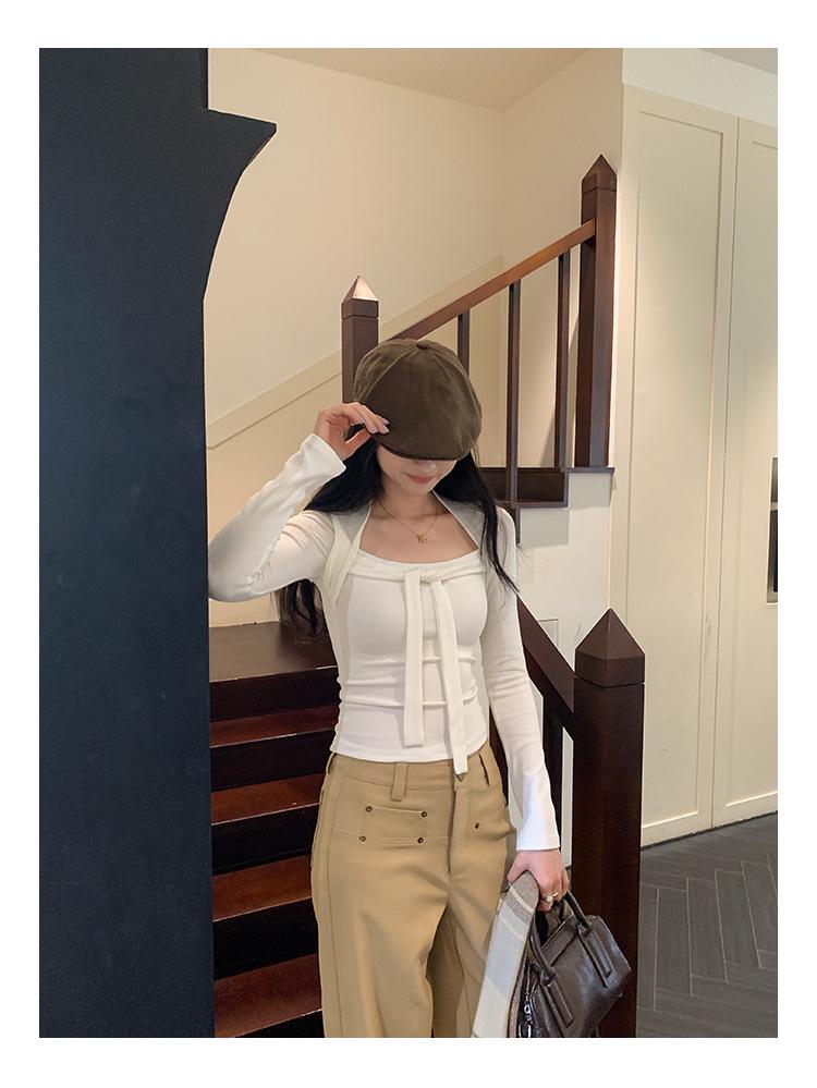 Chic Square Neck Lace-Up Slim Fit Short Top for Women - Autumn/Winter Fashion
