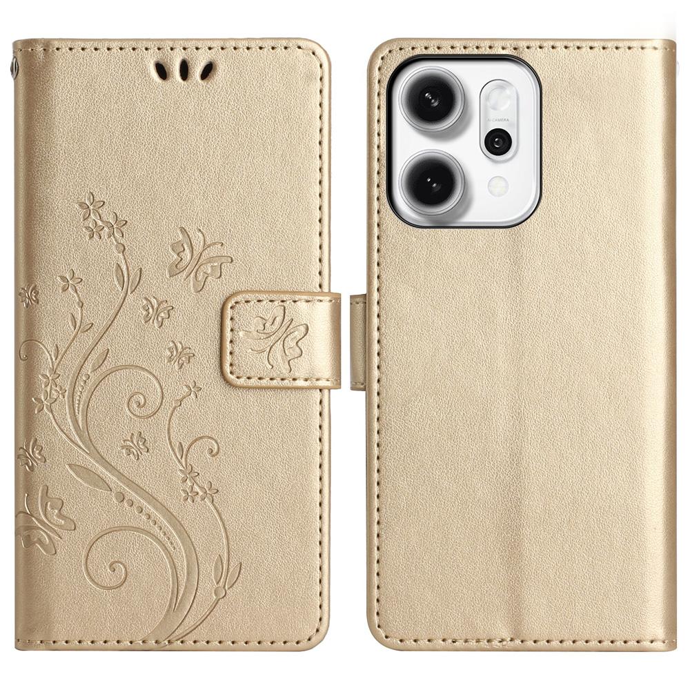 For Oppo Reno14 Pro 5G (Global)/Reno13 Pro 5G Leather Wallet Case Butterfly Flower Imprint Phone Cover with Strap